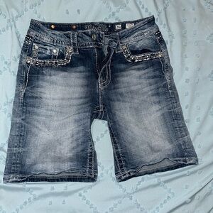 Miss Me Blue Jean Shorts with Distressed Vintage Style